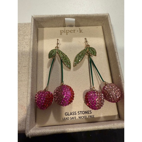 Piper K Cherry Earrings Pink Rhinestone Fruit Dangle Drop Gold Tone - Picture 3 of 5